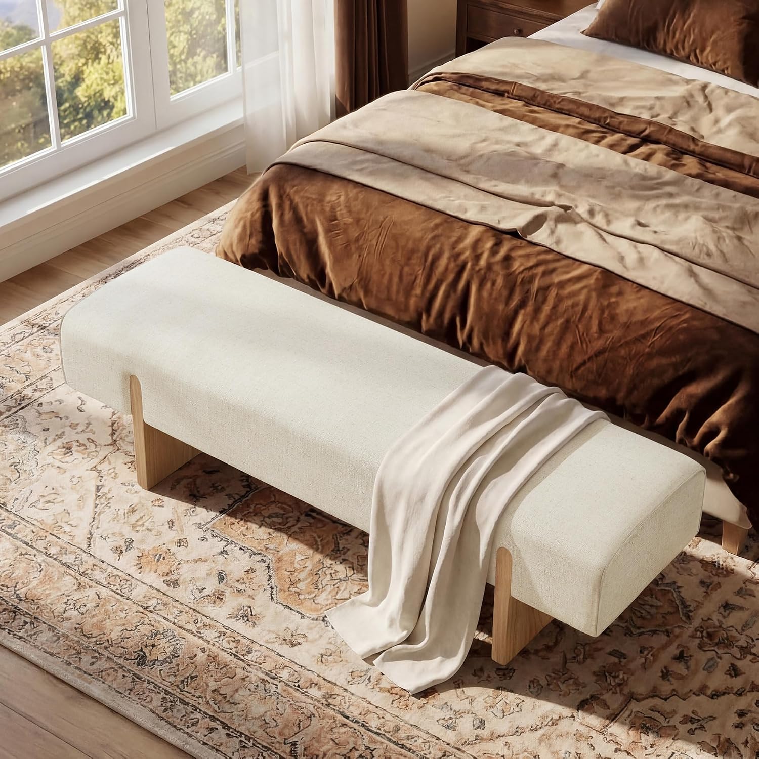 55’’ Upholstered End of Bed Bench, Linen Entryway Bench with Solid Wood Legs, Farmhouse Wooden Dining Room Bench for Bedroom, Living Room, Beige