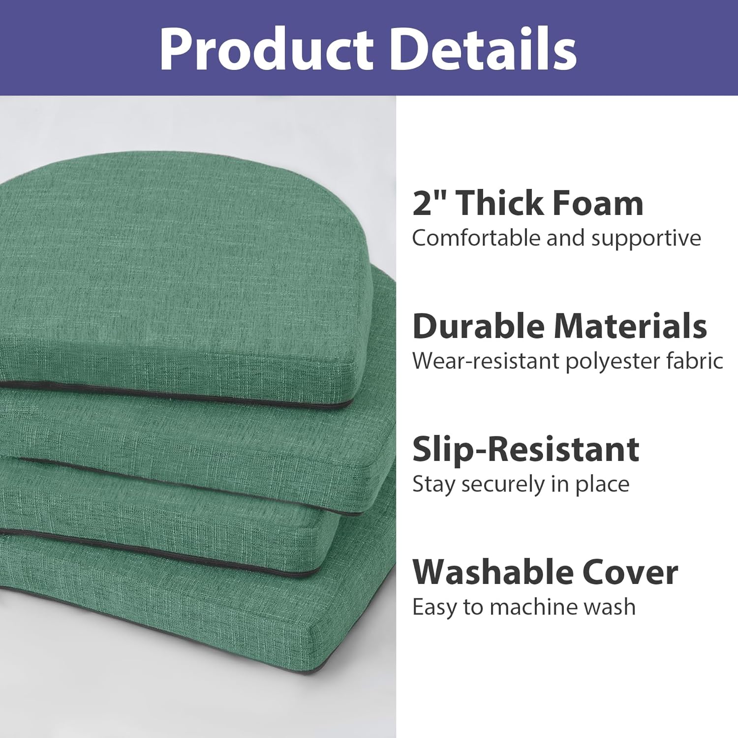 IPYNBAP Chair Cushions for Dining Chairs, Kitchen Chair Cushions, 16'' x 16'' x 2'', Non Slip Indoor Seat Cushions, Chair Pads for Dining Chairs with Ties & Removable Cover, Set of 4, Dark Green