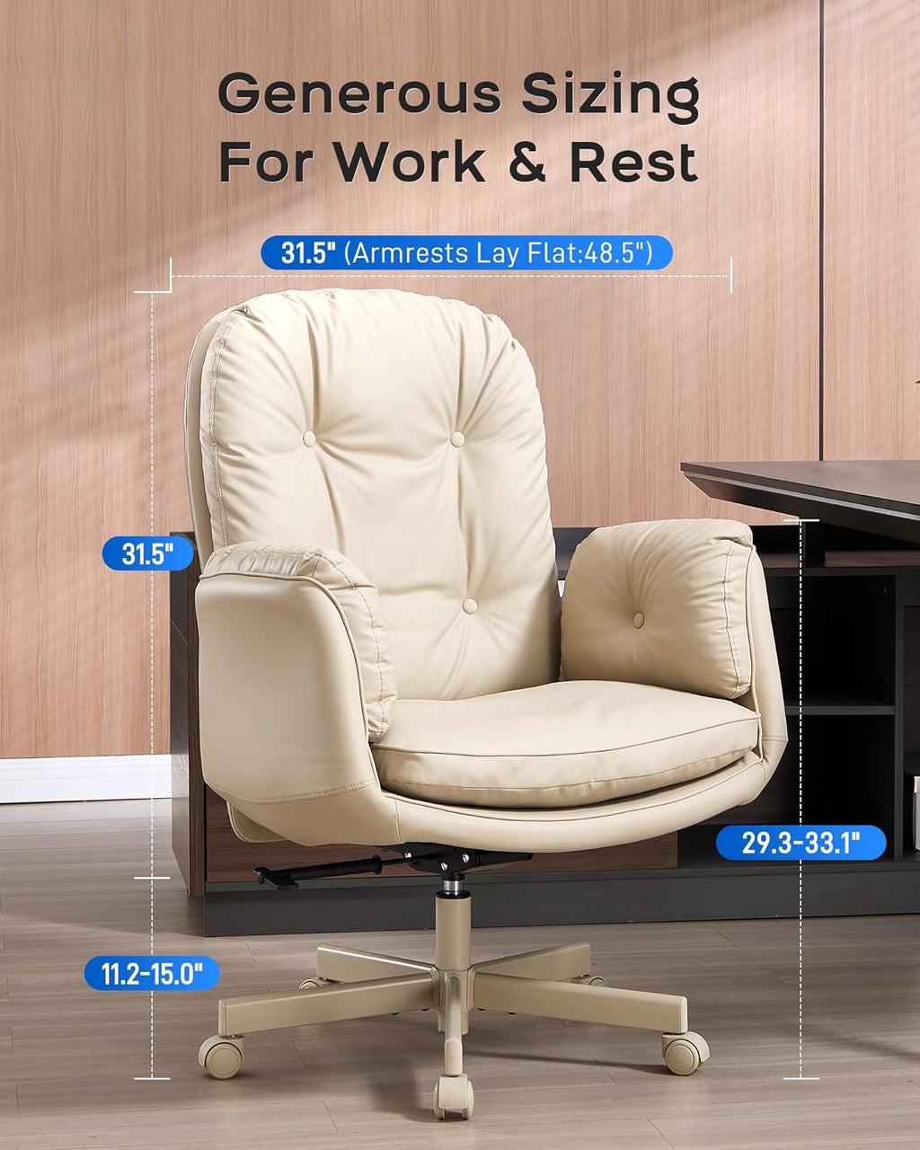 LukkDys Executive Office Chair, Big & Tall 400 lbs Capacity, Wide Seat, PU Leather, 5-Gear Lay-Flat Armrests (90°–180°) for Cross-Legged Comfort, 90–115° Recline, High Back Desk Chair, Beige