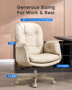 LukkDys Executive Office Chair, Big & Tall 400 lbs Capacity, Wide Seat, PU Leather, 5-Gear Lay-Flat Armrests (90°–180°) for Cross-Legged Comfort, 90–115° Recline, High Back Desk Chair, Beige