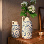 VICTOR & TERESA Blue and White Ceramic Vase for Flowers, Rustic Vase Home Decor for Pampas Grass, Farmhouse Decorative Vases for Mantel, Living Room, Shelf, Centerpieces, 7'', Gifts for Mom