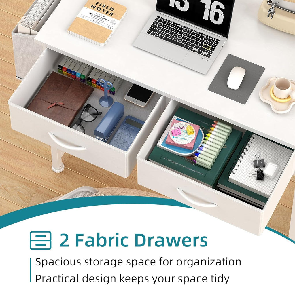 CAIYUN Small White Desk with Fabric Drawers for Bedroom, 31 Inch Home Office Desk with Side Pocket and Hook for Small Space, Makeup Vanity Desks Kid’s Desks to Writing Made of Wood and Metal, White