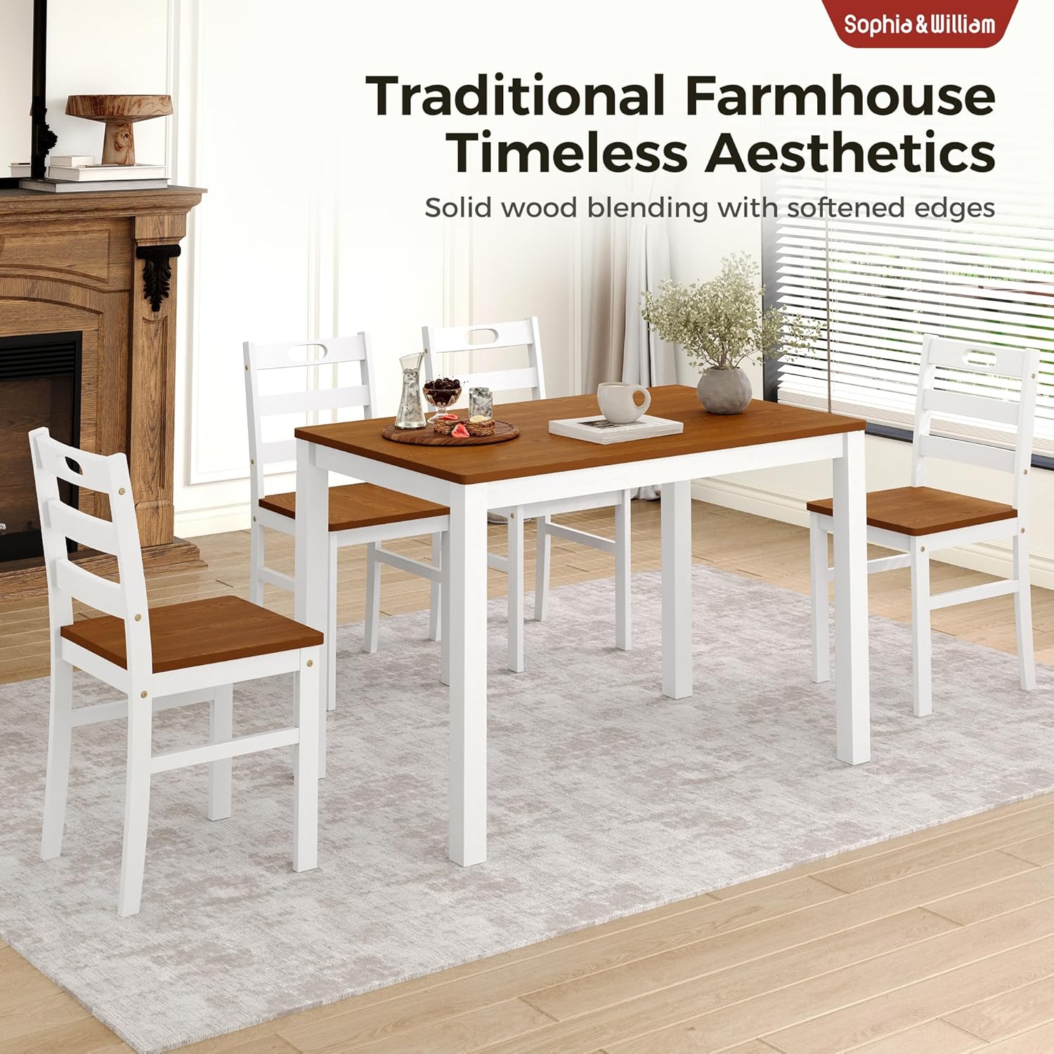 Sophia & William 5 Piece Dining Table Set for 4, Wood Kitchen Table and Chairs Set, 45" Rectangular Breakfast Dining Table and 4 Chairs, Farmhouse Kitchen Dining Room Set, Walnut & White