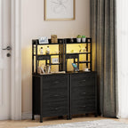 Furnulem Black Nightstands Set of 2, Tall Night Stand with Charger Station | 3 Fabric Drawers and Led Lights, USB Ports & type-C, 4-Tier Storage Shelves, Tall Bed Side Table for Bedroom/Dorm/Office