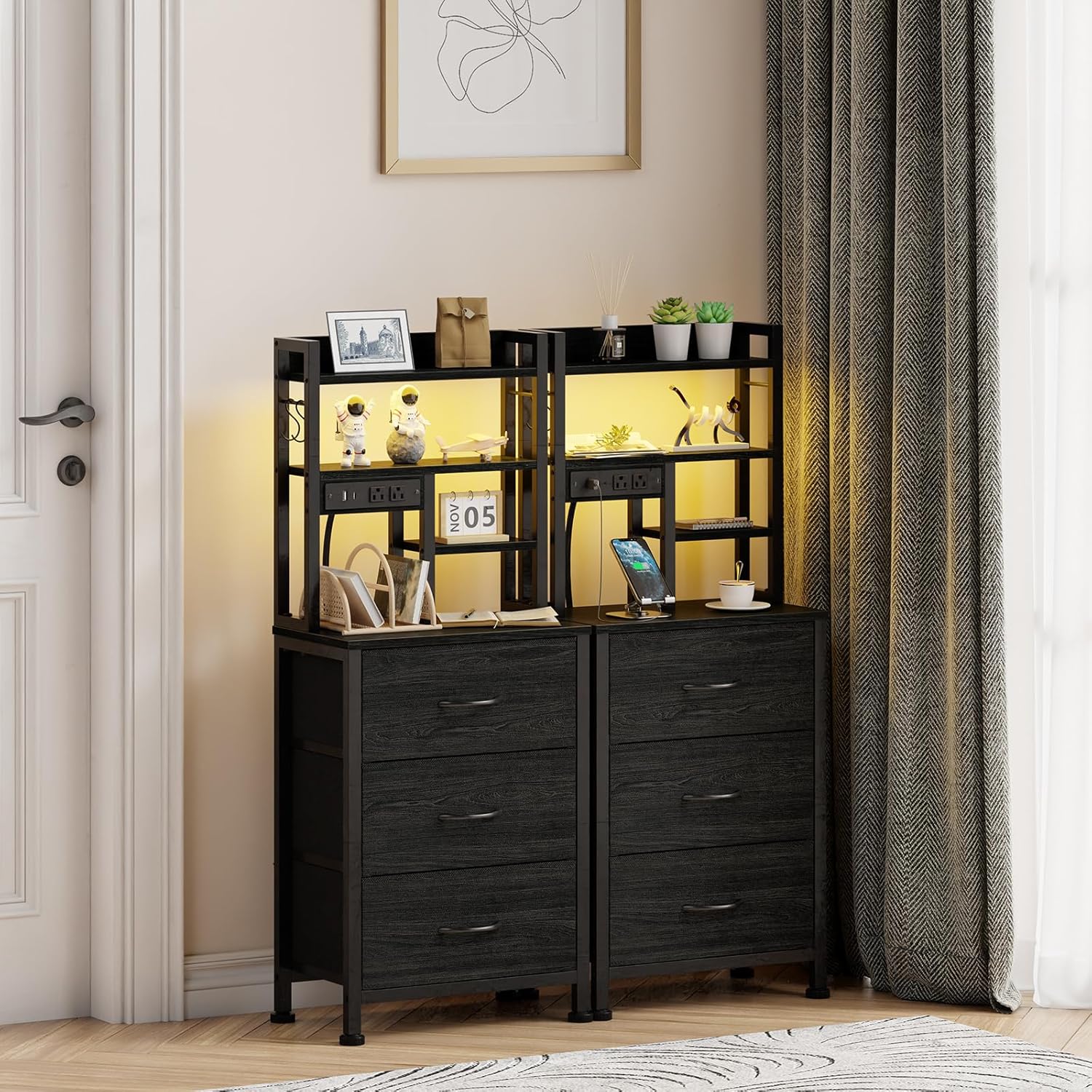 Furnulem Black Nightstands Set of 2, Tall Night Stand with Charger Station | 3 Fabric Drawers and Led Lights, USB Ports & type-C, 4-Tier Storage Shelves, Tall Bed Side Table for Bedroom/Dorm/Office