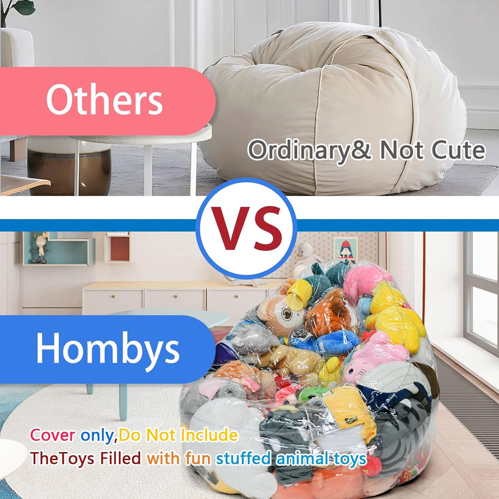 Bean Bag Chair Cover for Clear Stuffed Animal Chair Storage — Extra Large 150L Toy Organizer for Kids, Waterproof Easy-Clean Plush Toy Holder Seat (Cover Only, No Filler Included)