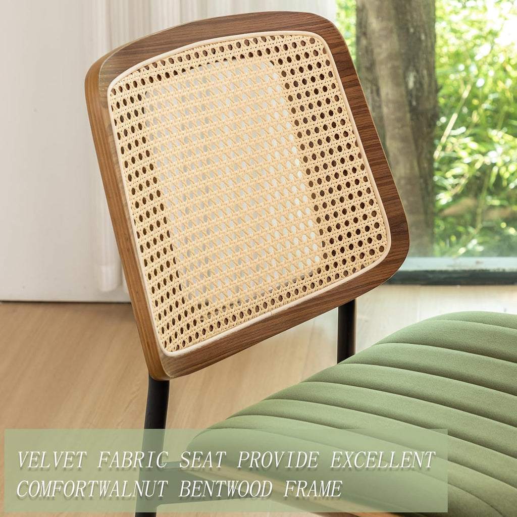 LUNLING Dining Chairs Set of 4 Mid Century Modern Retro Green Velvet Kitchen Chairs with Walnut Bentwood Upholstered Seat Metal Legs Adjustable Foot for Kitchen Dining Room Chairs(Green Fabric)