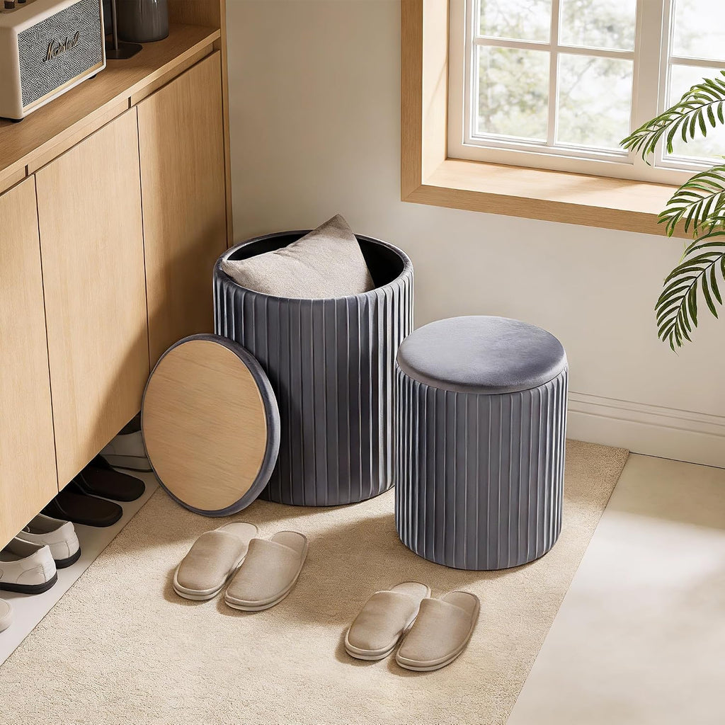 DUMOS Round Ottoman with Storage Set of 2, Vanity Stool Chair with Storage, Makeup Cute Soft Small Footstool Modern Style Coffee Table, Small Velvet Foot Stool for Living Room Bedroom Dorm, Deep Grey