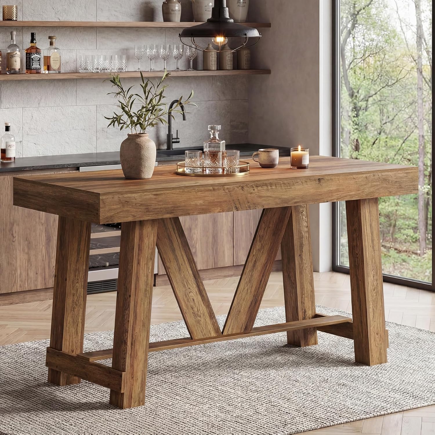LITTLE TREE Bar Table, 55'' Long Counter Height Pub Table, Farmhouse Wooden Tall Bistro Tabletop, Rectangular Home Coffee Bar Unit for Dining Room, Kitchen, Living Room, Basement, Rustic Brown