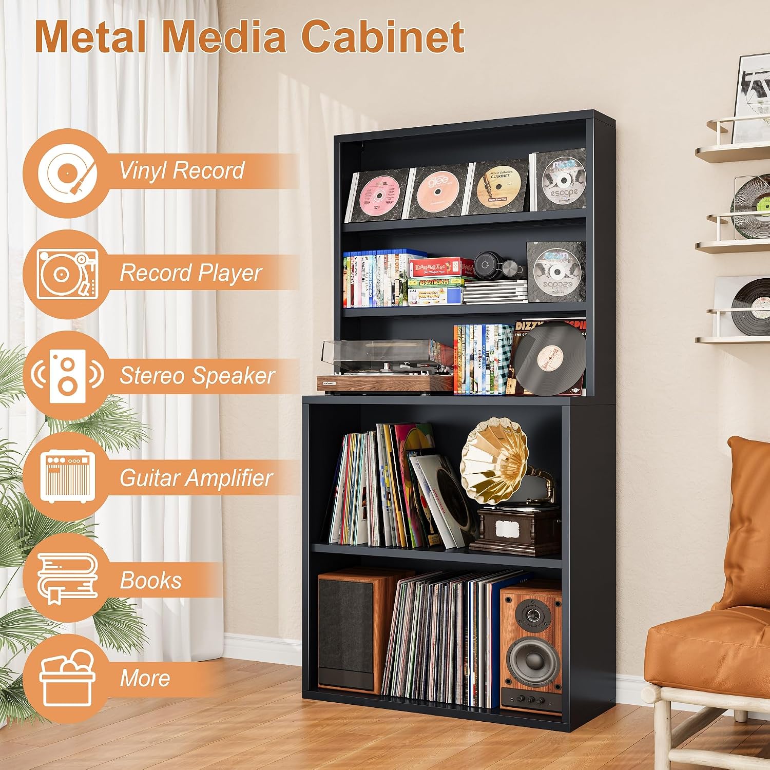 5-Tier Metal Record Player Stand, 55" Tall Vinyl Record & CD/DVD Rack, Black Media Cabinet CD Storage Cabinet for Living Room, Music Room or Studio - Easy Assembly