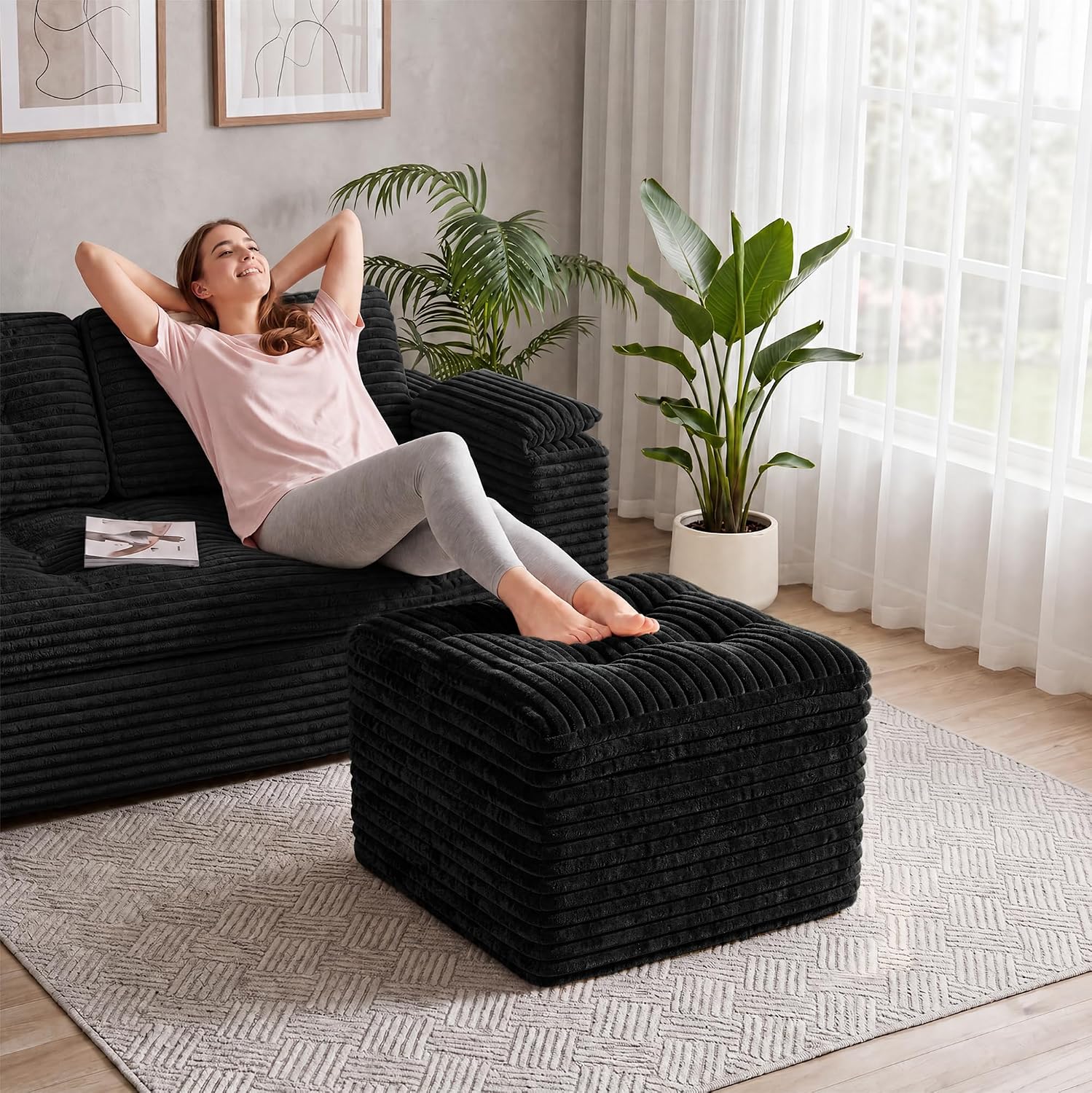 23.6in Pouf Ottoman, Corduroy Ottoman Foot Rest with Dual‑Layer Support, Large Poofy Pouf with Soft Chunk‑Foam Top & Firm Foam Base, Floor Foot Stool for Living Room, Black