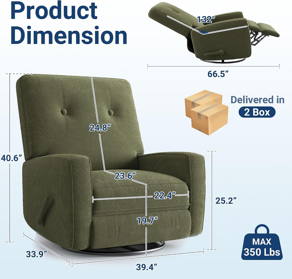 Garvee Nursery Recliner Chair, 360° Swivel Rocking Glider Chair for Adults with Adjustable Backrest & Footrest, Cozy Corduroy Upholstered Armchair for Living Rooms, Bedrooms, Apartments, Green