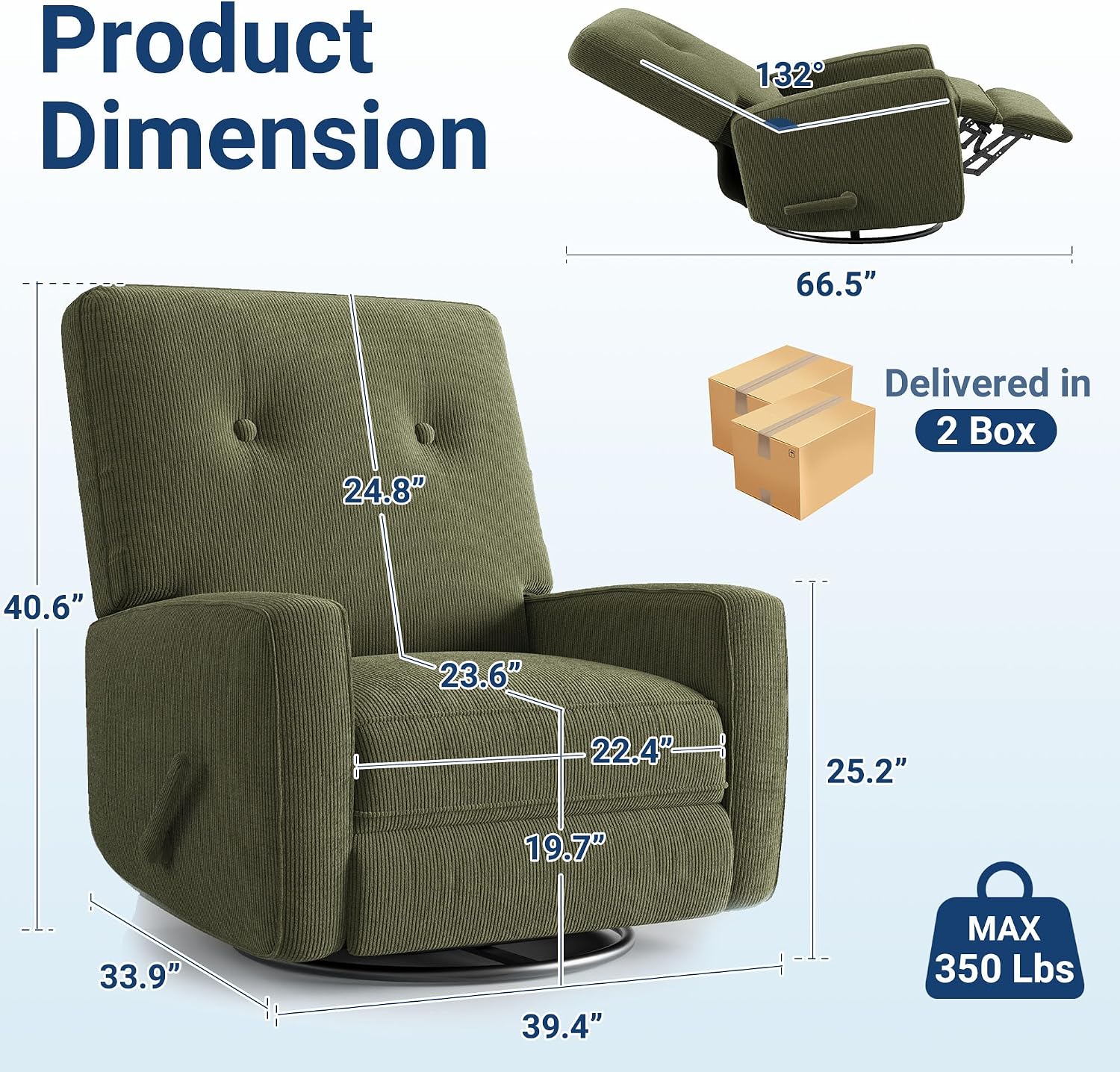 Garvee Nursery Recliner Chair, 360° Swivel Rocking Glider Chair for Adults with Adjustable Backrest & Footrest, Cozy Corduroy Upholstered Armchair for Living Rooms, Bedrooms, Apartments, Green