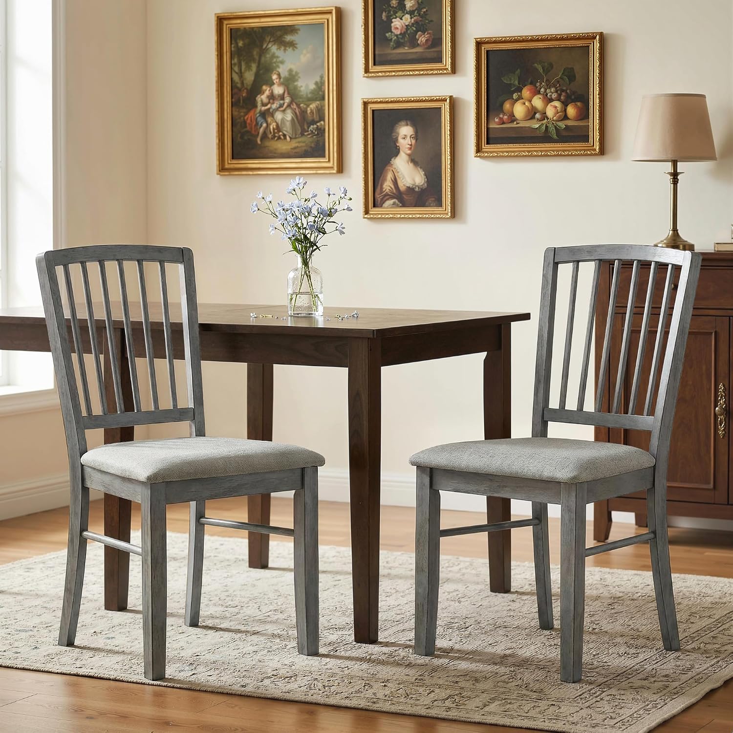HOMCOM Farmhouse Dining Chairs Set of 2, Upholstered Linen Fabric Kitchen Chairs with Solid Rubberwood Legs for Kitchen, Dining Room, Rustic Gray
