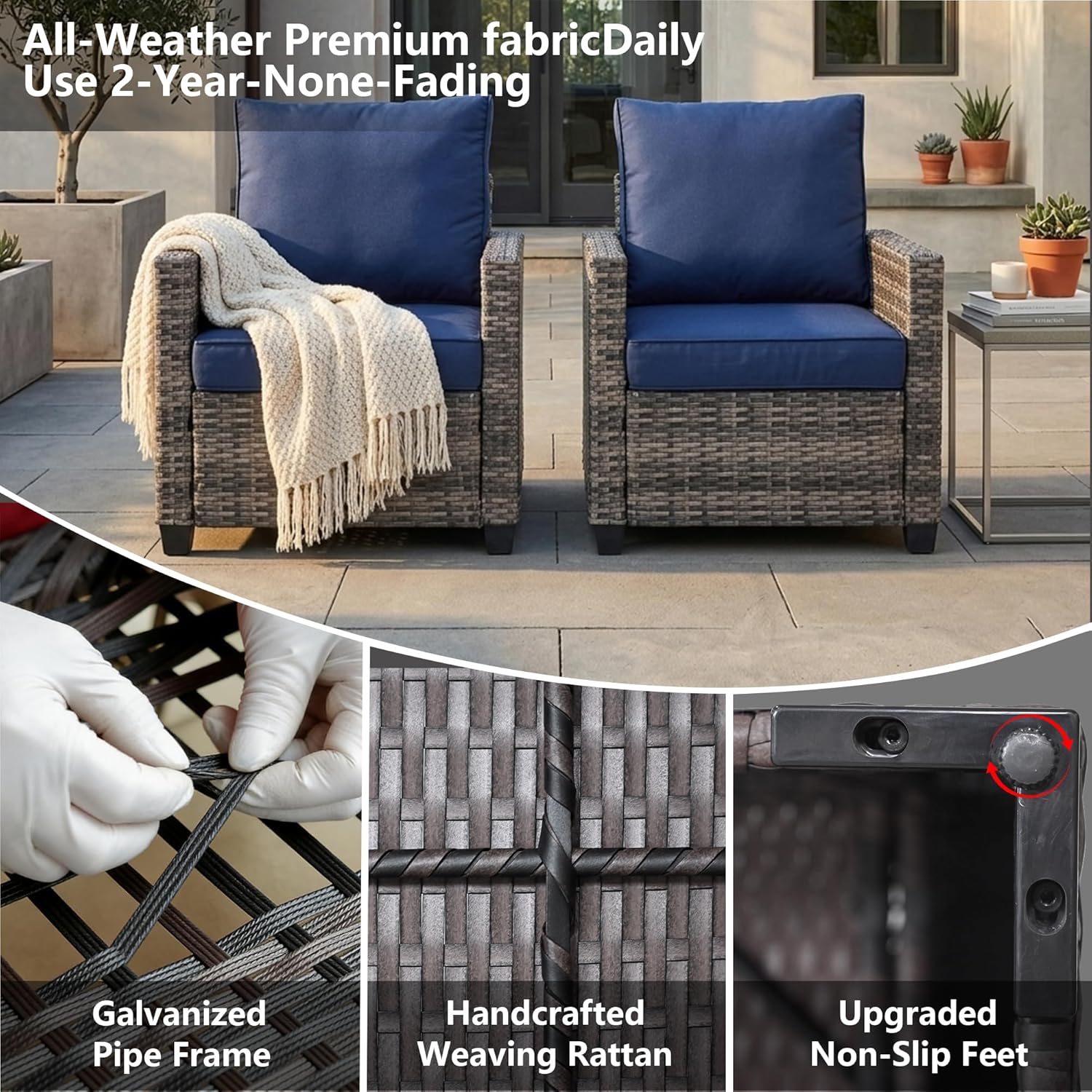 2 Piece Outdoor Patio Sofa Chairs Set, Wicker Armchairs with 4.3" Thick Cushions & High Backrests, All-Weather Rattan Porch Chairs, Patio Furniture Set for Balcony, Deck,(Blue)