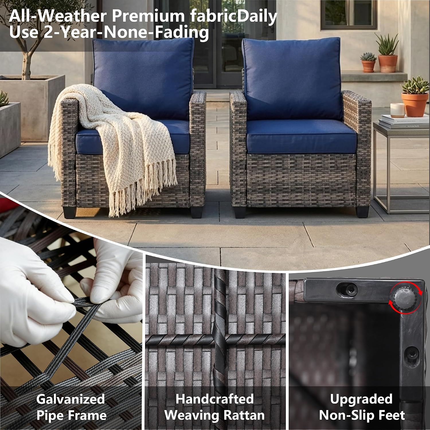 2 Piece Outdoor Patio Sofa Chairs Set, Wicker Armchairs with 4.3" Thick Cushions & High Backrests, All-Weather Rattan Porch Chairs, Patio Furniture Set for Balcony, Deck,(Blue)