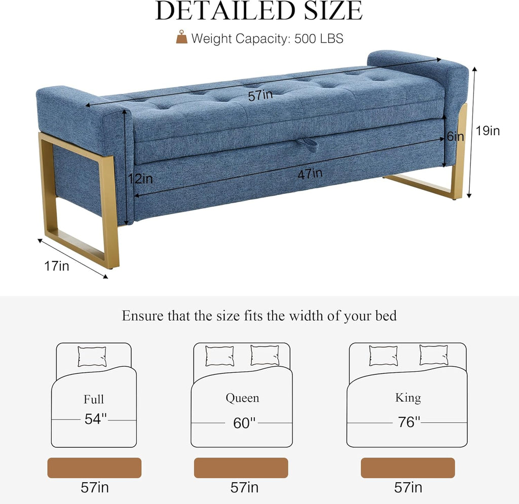 adochr 57" Storage Bench, Linen Upholstered Ottoman with Storage, Large End of Bed Bench with Metal Legs & Button-Tufted,500 lb Capacity, for Living Room, Bedroom, Entryway, Dark Blue