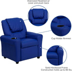 EMMA + OLIVER Blue Vinyl Kids Recliner with Cup Holder and Headrest