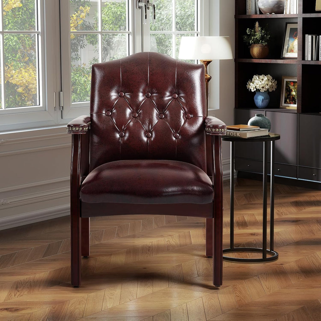 Leather Office Guest Chairs Set of 2, Ergonomic Waiting Room Chair with Arms Reception Chairs No Wheels Conference & Meeting Side Chairs Executive Furniture (Burgundy)