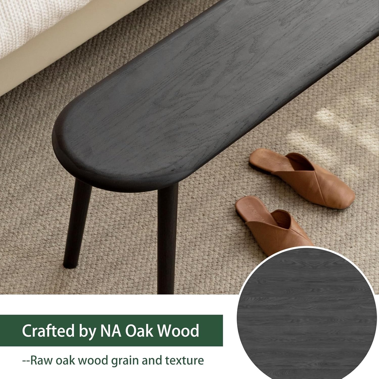 100% Solid Oak Dining Bench, Wood Bench for End of Bed with Rounded Corners, Entryway Benches for Entrance, Hallway, Kitchen, Living Room(Oak Black,12" L x 47.2" W x 16.2" H)