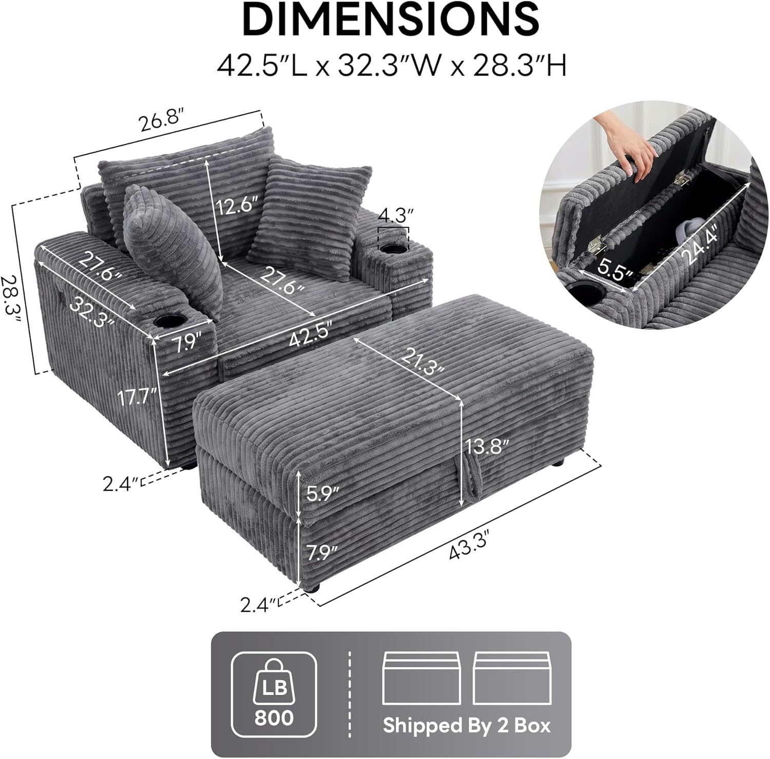 LIKIMIO 54'' Oversized Chaise Lounge Chair Indoor, Gray | Wood Frame