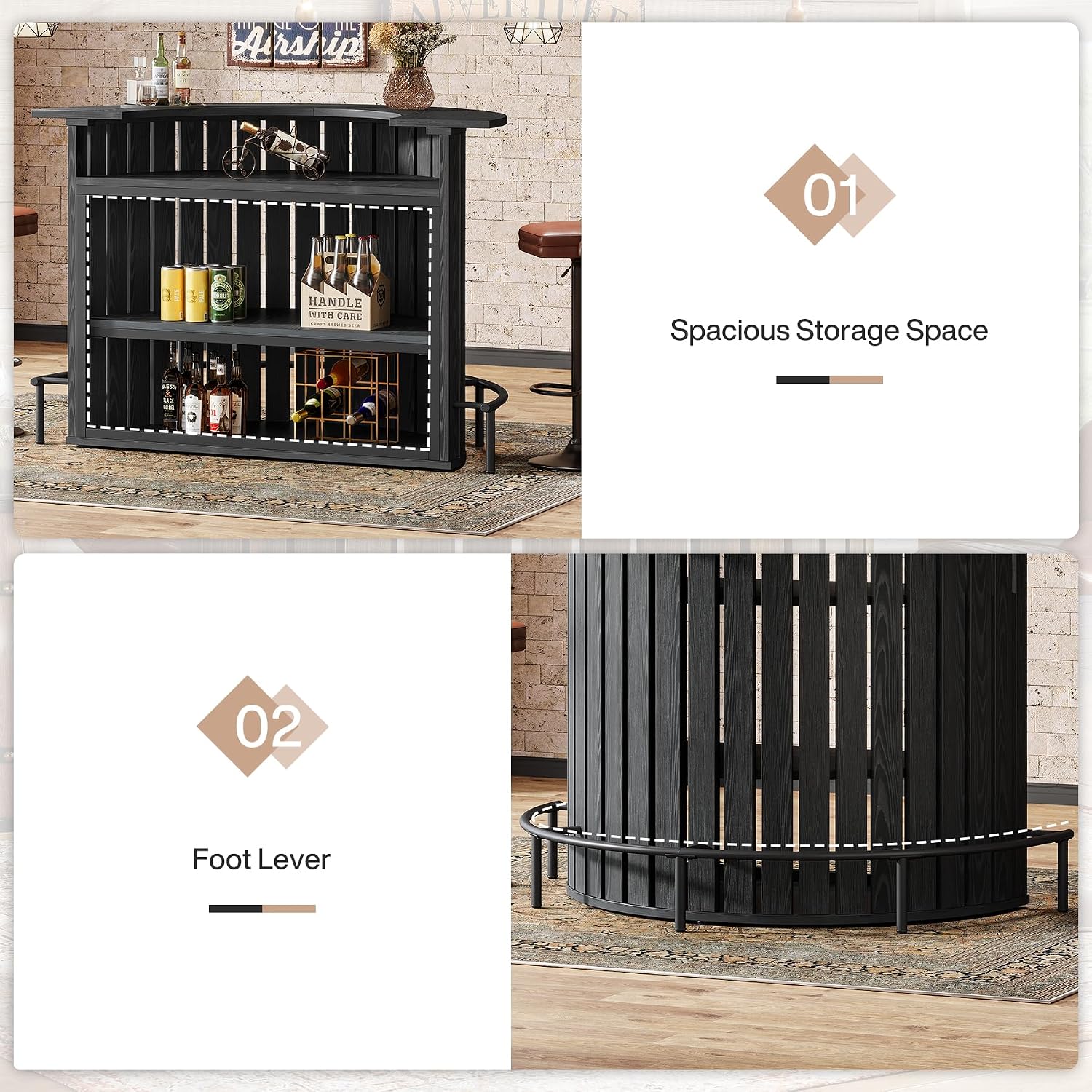 4-Tier Bar Table, 39.4" H Home Bar Unit with Footrest, Arc-Shaped Mini Bar Table, Modern Wine Bar Cabinet for Home Pub, Living Room, Black