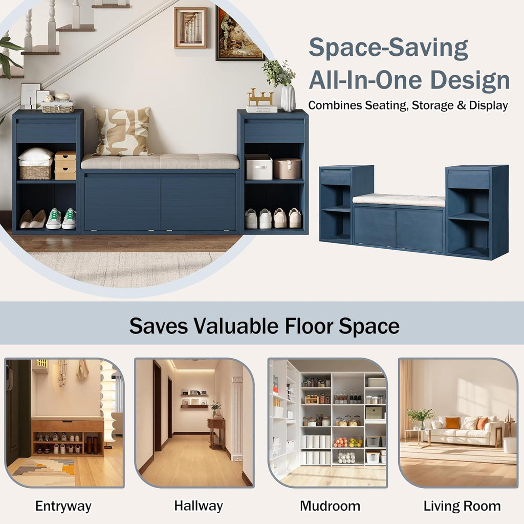 Entryway Bench with Shoe Storage, Solid Wood Shoe Bench with Cushion and Drawers, Open Shelves, Storage Bench for Entry Way, Living Room, Hallway, Antique Navy