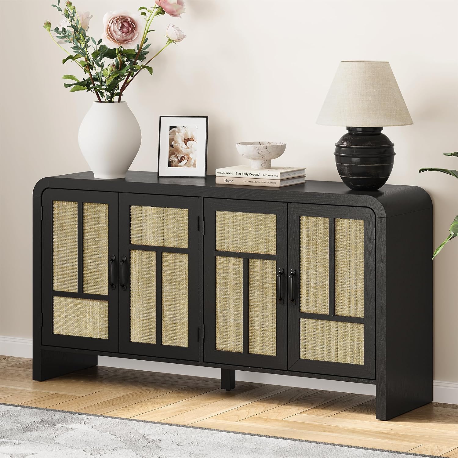 RoyalCraft Buffet Cabinet with Storage Sideboard Accent Farmhouse Credenza with 4 Doors & Shelves Rattan 59" Media Console Boho Coffee Bar Table for Living Room Kitchen Dining Room Hallway