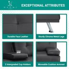 Naomi Home Compact Convertible Futon Sofa Bed – Modern Faux Leather Sleeper Couch for Small Spaces, Apartments & Dorms – Adjustable Lounger with Cup Holders & Removable Armrests, Black