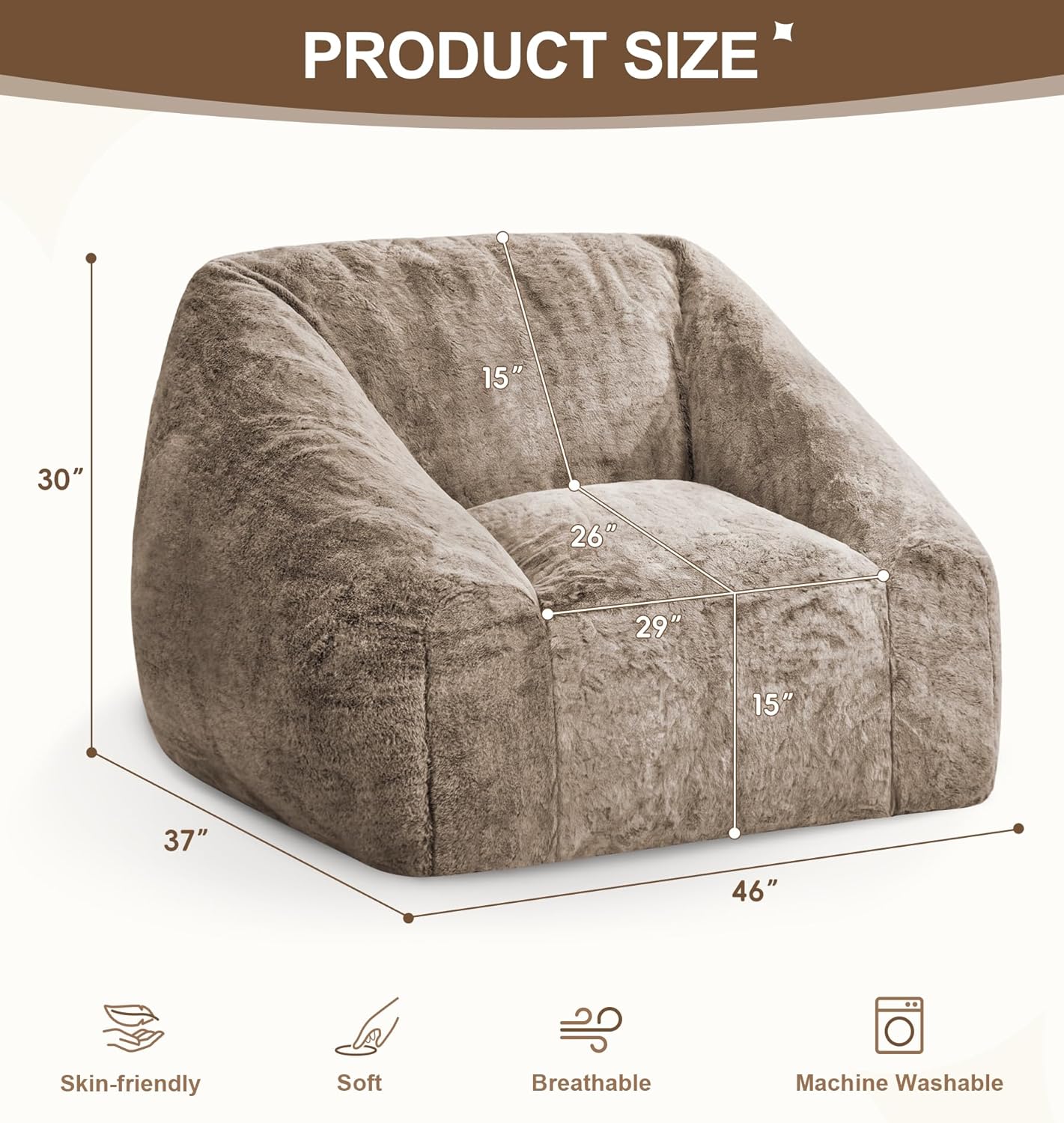 Hobestluk Giant Bean Bag Chair Memory Foam Filled Sofa Chair Bean Bag for Adults/Teens/Kids, Oversized Lazy Accent Comfy Stuffed BeanBag Sofa for Living Room Bedroom Dorm Reading(Brown)
