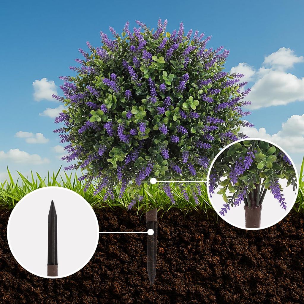 Artificial Boxwood Topiary Ball Trees with Lavender, UV Resistant Fake Shrubs Bushes with Spike Faux Evergreen Plant for Indoor Outdoor Front Porch Garden