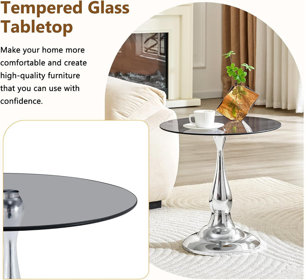 Round Glass Side Table with Silver Metal Base, 19.6'' Gray Tempered Glass Top, Modern Glass Round End Table for Living Room Office, Small Metal Side Table for Compact Space