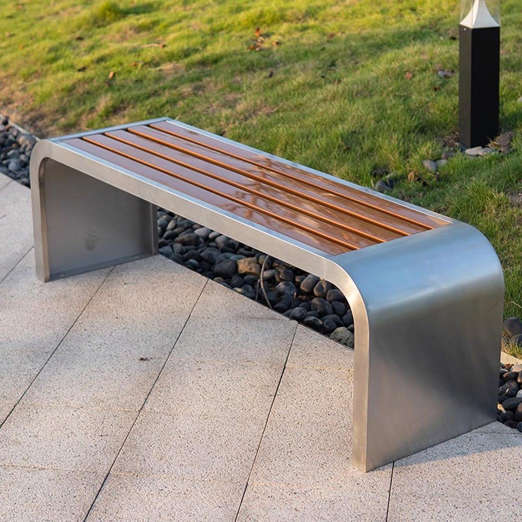 Outdoor Bench with Wooden seat and Stainless Steel Legs, Capable of Supporting 1000kg, Suitable for Stations, Parks, courtyards, and Streets Yellow - Loop-Shaped 150cm