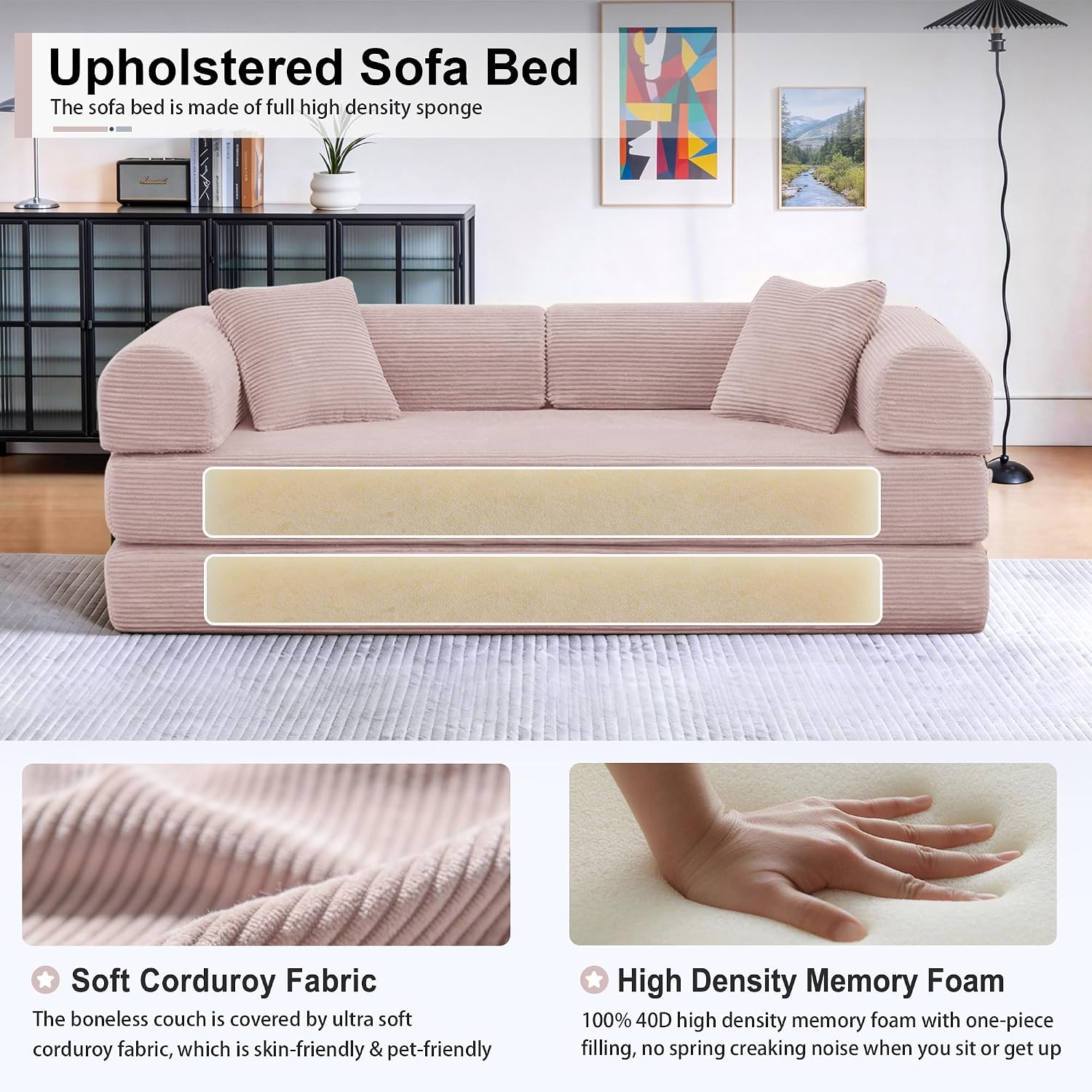 JJJ 63 inch Sofa Bed 4-in-1 Boneless Convertible Corduroy Sleeper Folding Couch with Fixed-Shape Frame and 2 Futons No Assemble Required 3 Seater Upholstered for Living Room (Pink, 63 inch)