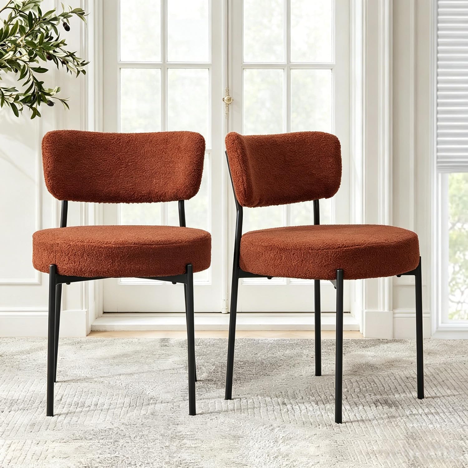 Boucle Dining Chairs Set of 2, Brown Mid Century Modern Kitchen Dining Room Chairs with Curved Backrest and Metal Frame, Round Upholstered Dining Chairs for Kitchen, Living Room