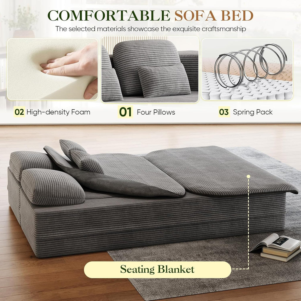 Antetek Convertible Sleeper Sofa, Modern Folding Futon Corduroy Floor Foam Compression Loveseat Sofa Bed Couch, Foldable Full Size Guest Bed with 4 Pillows for Living Room Bedroom Apartment, Grey