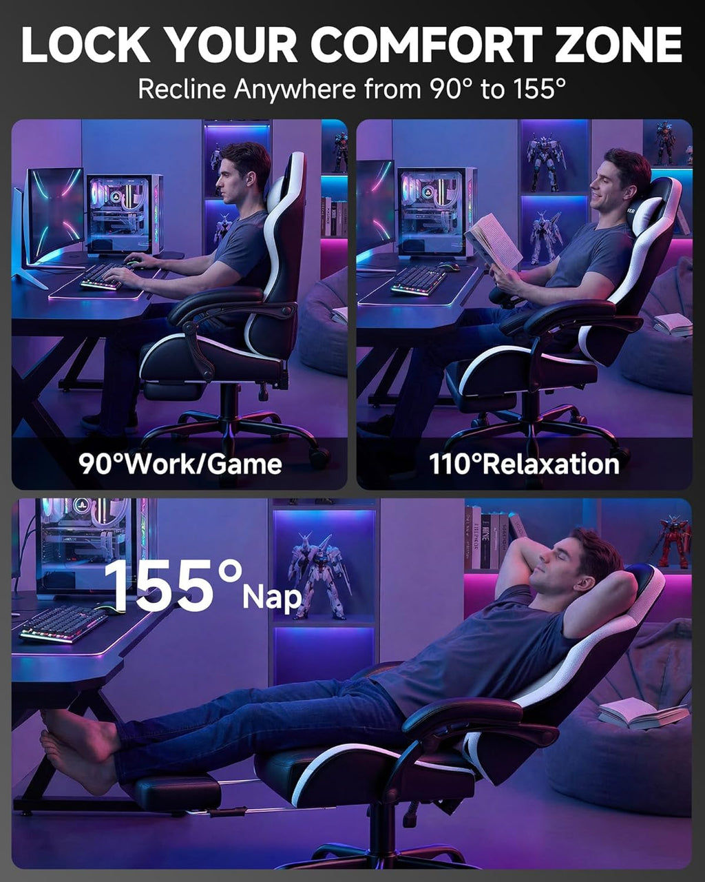 GTPLAYER Gaming Chair for Adults, Ergonomic Computer Gaming Chair with Footrest, Height Adjustable, 90-155° Recline & Removable Headrest Lumbar Support, Snow White