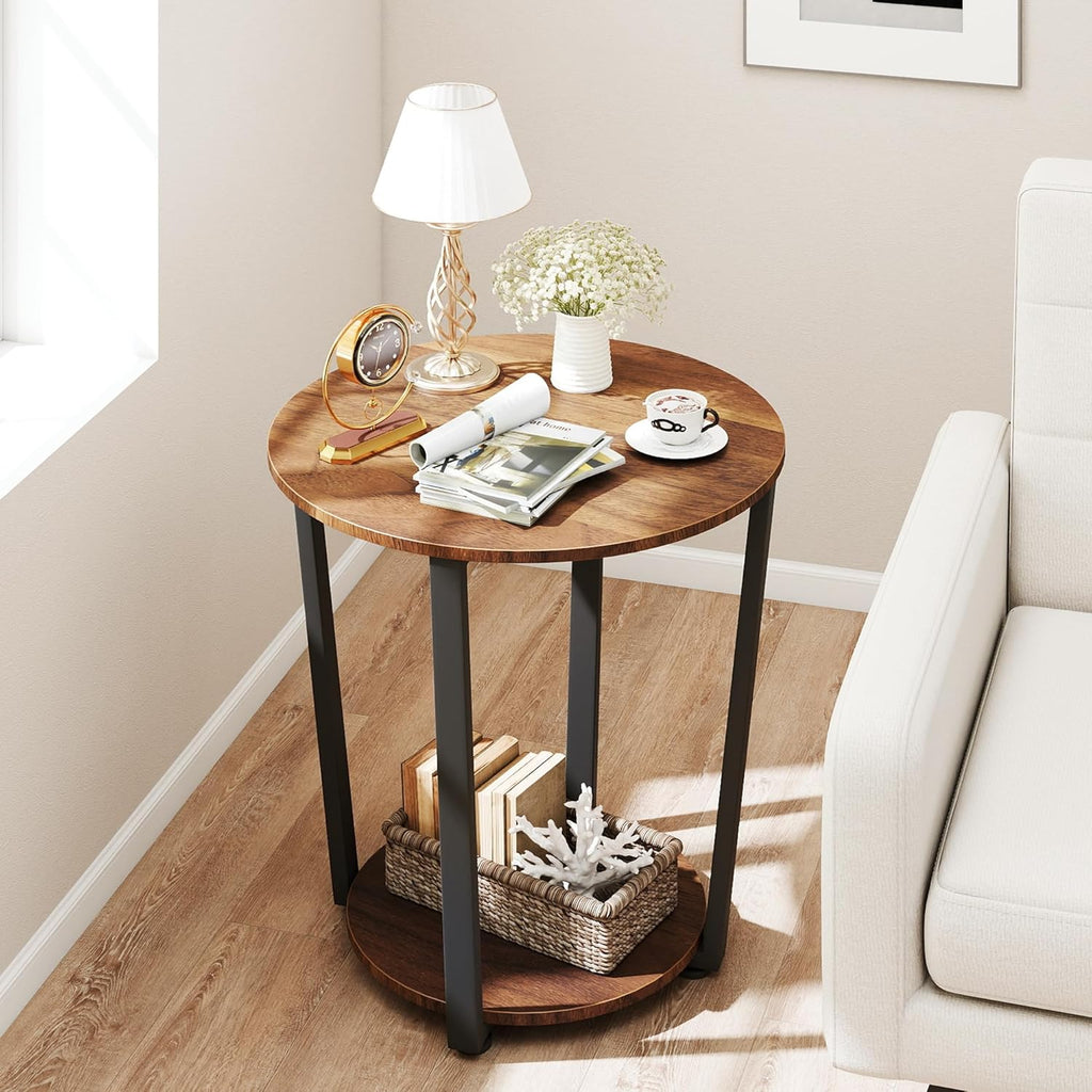 Round End Table, 2-Tier Storage Side Table with Metal Legs, Industrial Wood Accent Table for Living Room Bedroom, Small Space Nightstand with Open Shelf, Walnut
