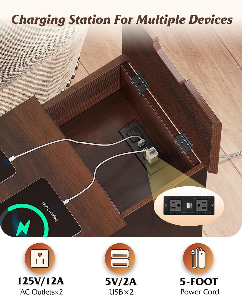 WLIVE End Table with Charging Station, Narrow Sied Table with Drawer & Cabinet, Side Table with Adjustable Shelf for Living Room/Bedroom, Wooden Nightstand with Hidden USB Ports and Outlets, Espresso