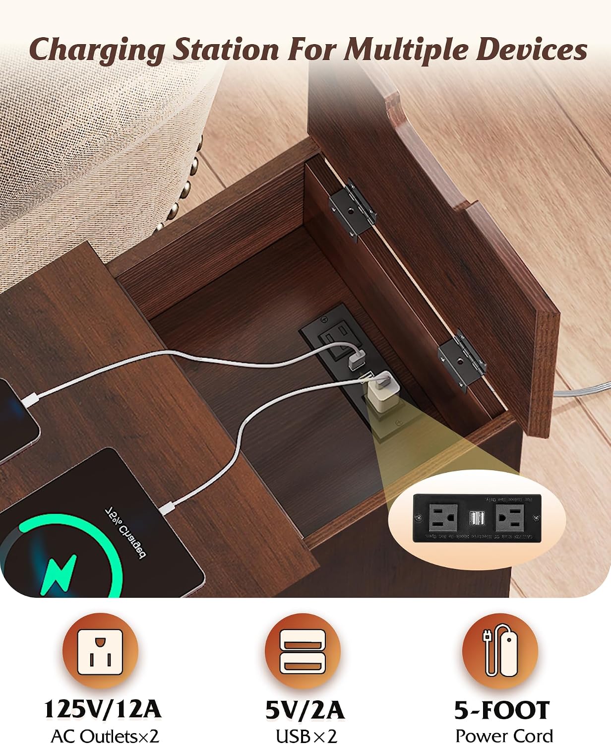WLIVE End Table with Charging Station, Narrow Sied Table with Drawer & Cabinet, Side Table with Adjustable Shelf for Living Room/Bedroom, Wooden Nightstand with Hidden USB Ports and Outlets, Espresso