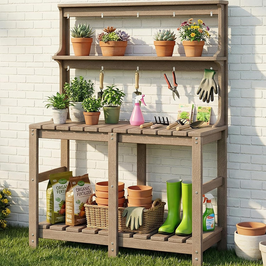 Outdoor Potting Bench with 3 Tier, All-Weather Patio Potting Table with Tool Hooks, HDPE Gardening Table for Backyard, Garden, Brown