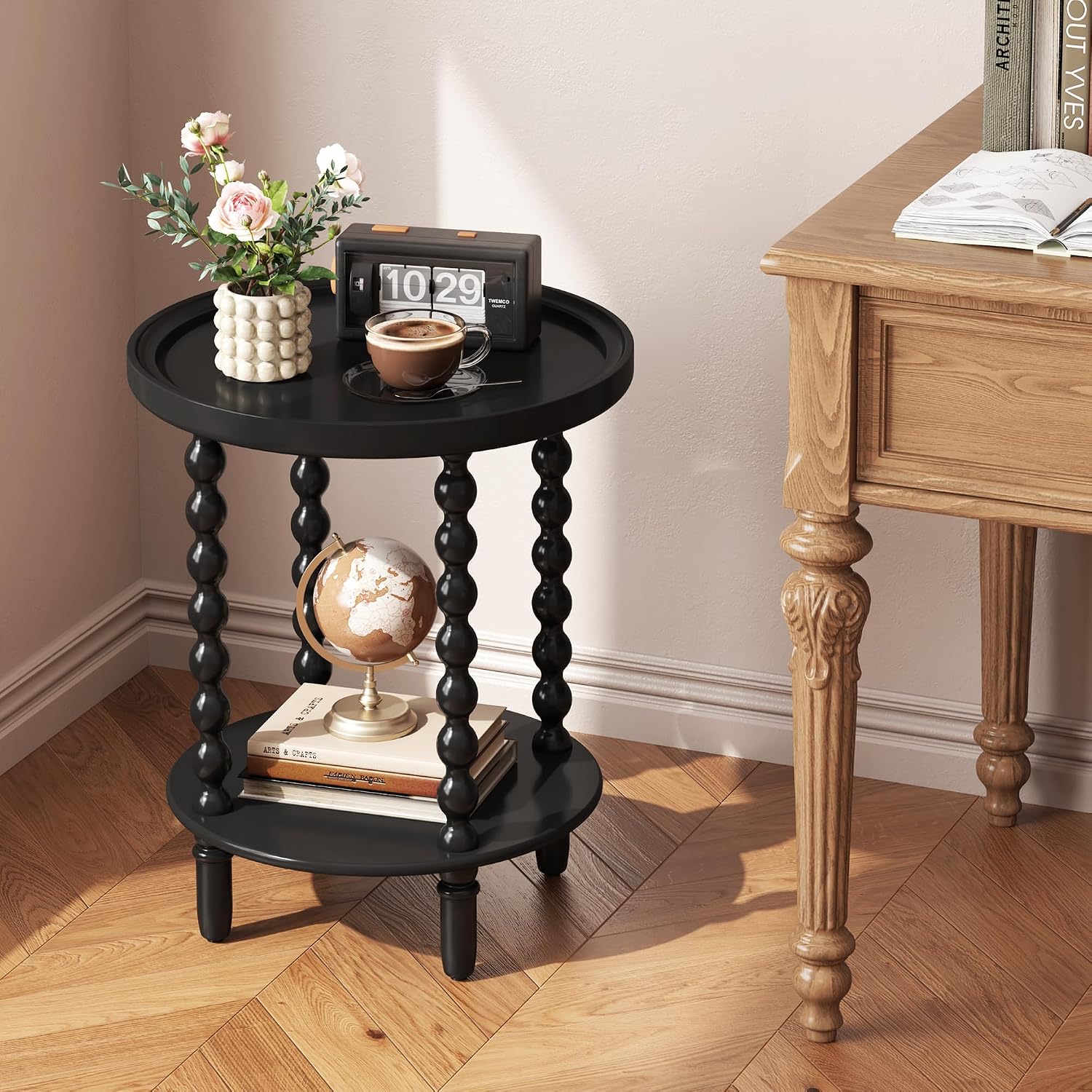 Round Side Table with Storage Shelf, 2 Tier Accent End Table with Spindle Legs, Modern Nightstand Beside Table for Living Room, Bedroom, Office, Black