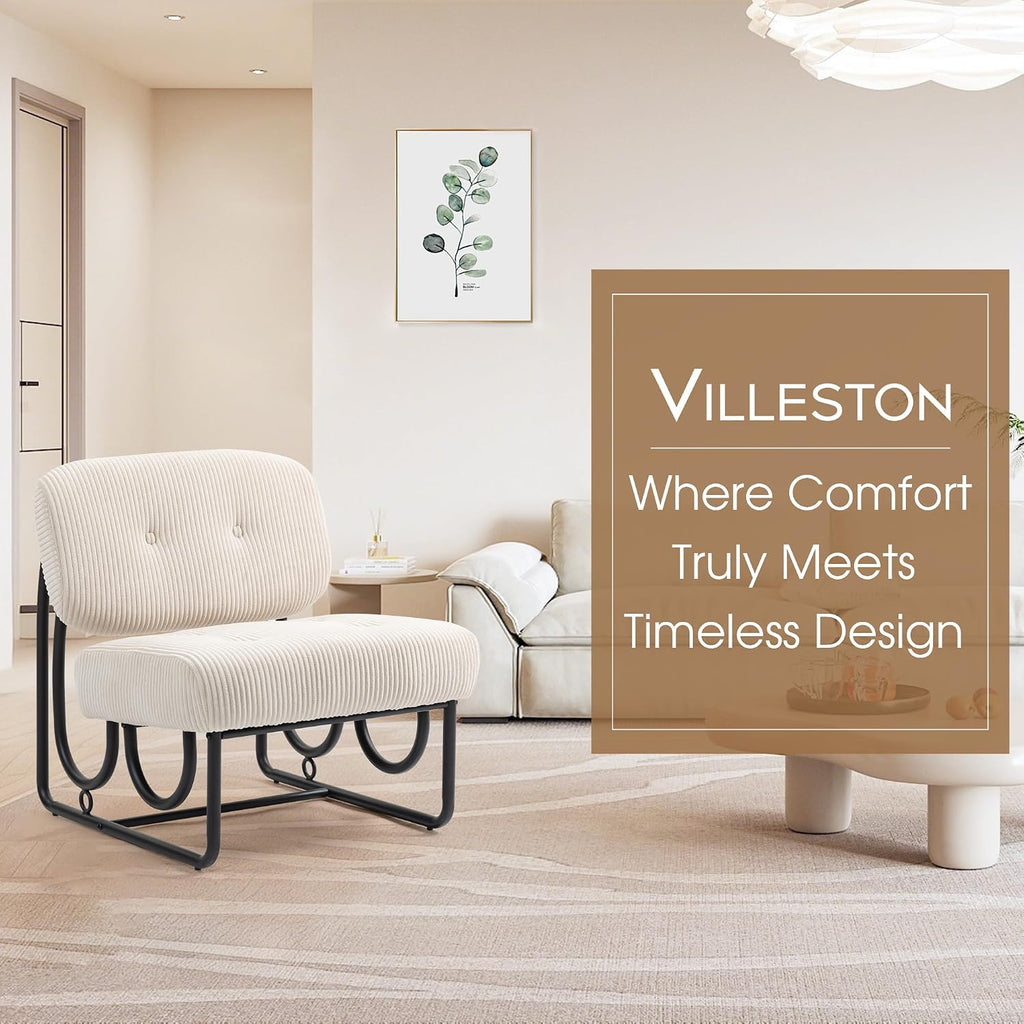 Armless Accent Chair, Beige Upholstered Chair for Bedroom, Comfy Modern Chair for Living Room, Small Space Mid Century Accent Chair, No Arm Lounge Chair