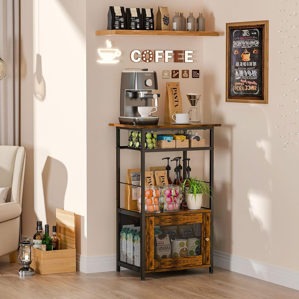 X-cosrack Coffee Bar Station, 3-Tier Small Coffee Stand Station with Storage, Farmhouse-Style Kitchen Microwave Stand Featuring 1-Door Cabinet for Living Room, Entryway, Kitchen