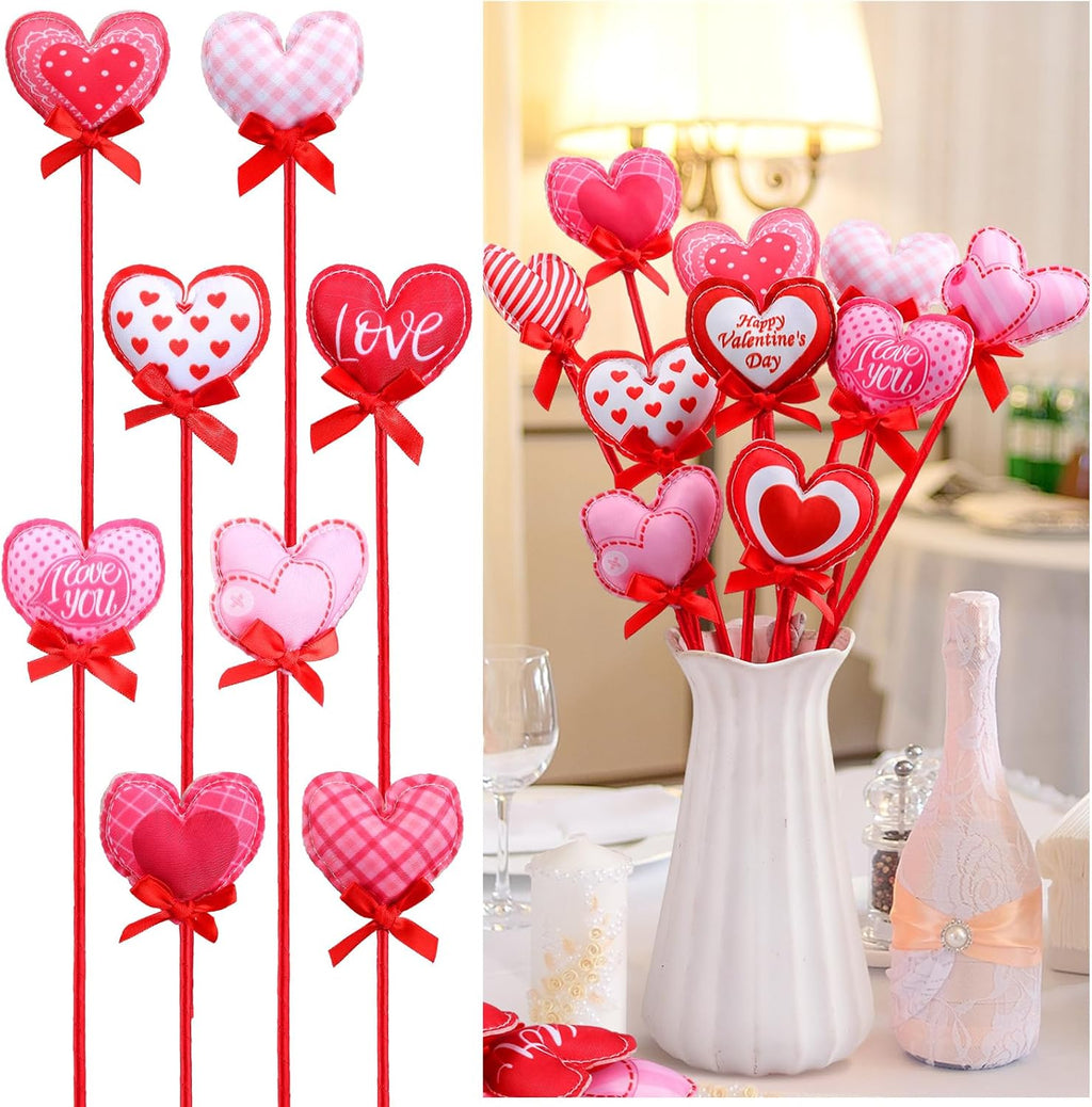 16 Pcs Valentines Day Tree Decor Heart Floral Picks 12" 3D Wooden Valentines Foam Heart Stems Plush Sticks Galentines Decorations for Flower Arrangement Wedding Table Centerpiece Vase Filler Home