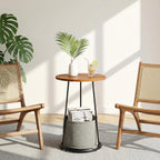 Manora 21.7" Round End Table, Modern Industrial Side Table Nightstand, Small Wood Top Accent Table for Living Room, Couch, Bedroom, Black Metal Legs, Rustic Brown (with a Basket)