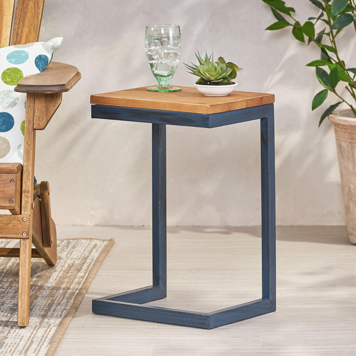 C-Shaped Side Table with Natural Wood Top and Metal Frame, Rectangular, for Living Room, 10.25 x 12.75 x 19 Inches