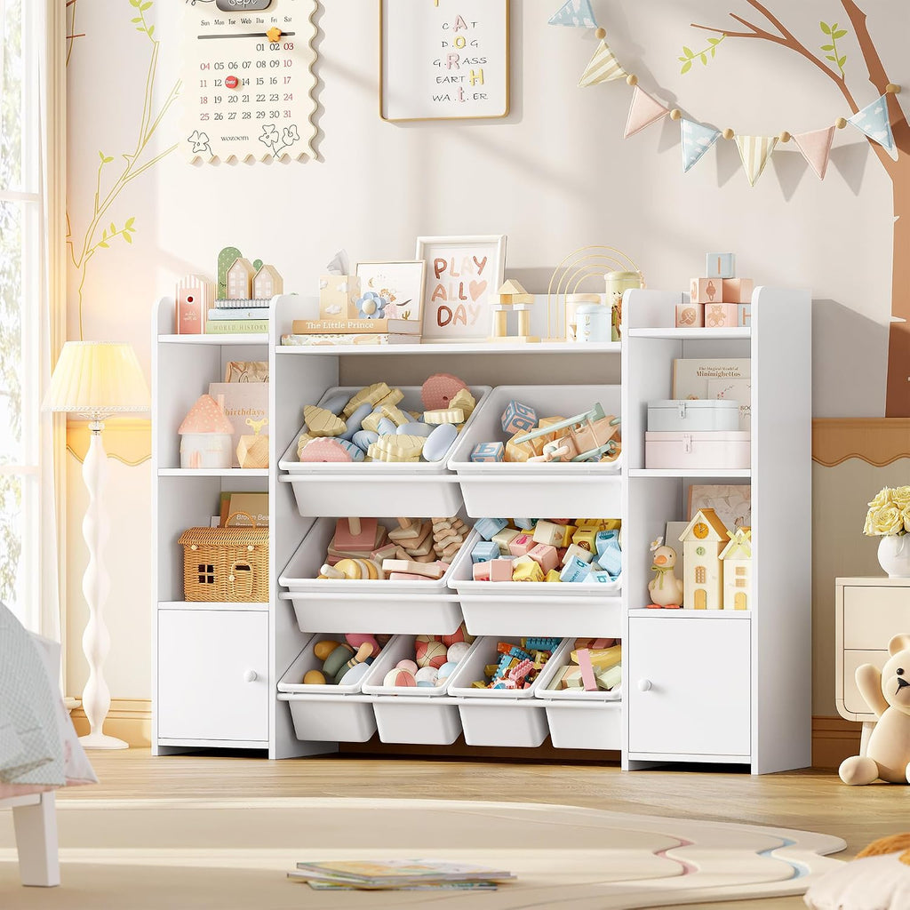 FOTOSOK Toy Storage Organizer with 8 Toy Bins, Toy Organizer Kids Bookshelf with 6 Storage Cubbies, Stuffed Animal Storage Organizer, Playroom Storage and Toy Chest, White