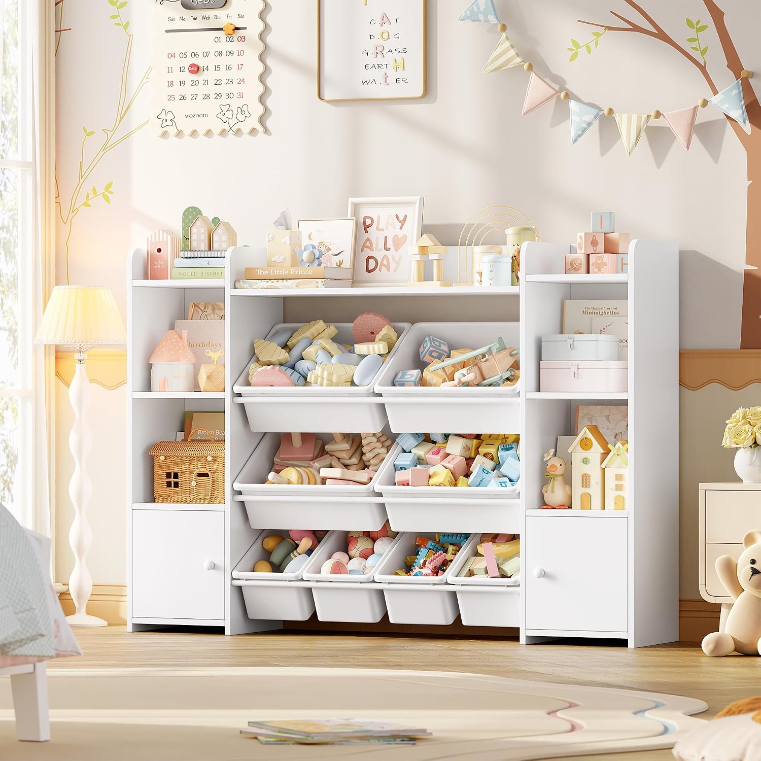 FOTOSOK Toy Storage Organizer with 8 Toy Bins, Toy Organizer Kids Bookshelf with 6 Storage Cubbies, Stuffed Animal Storage Organizer, Playroom Storage and Toy Chest, White