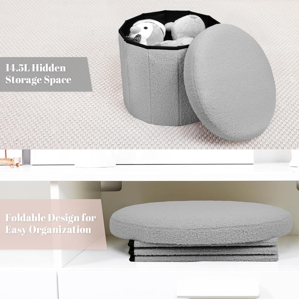BoxedHome Dorm Room Storage Round Cute Ottoman with Storage Boucle Foot Stool Footrest for Lving Room, Support 220lbs, Gray 15"x15"x12.6"
